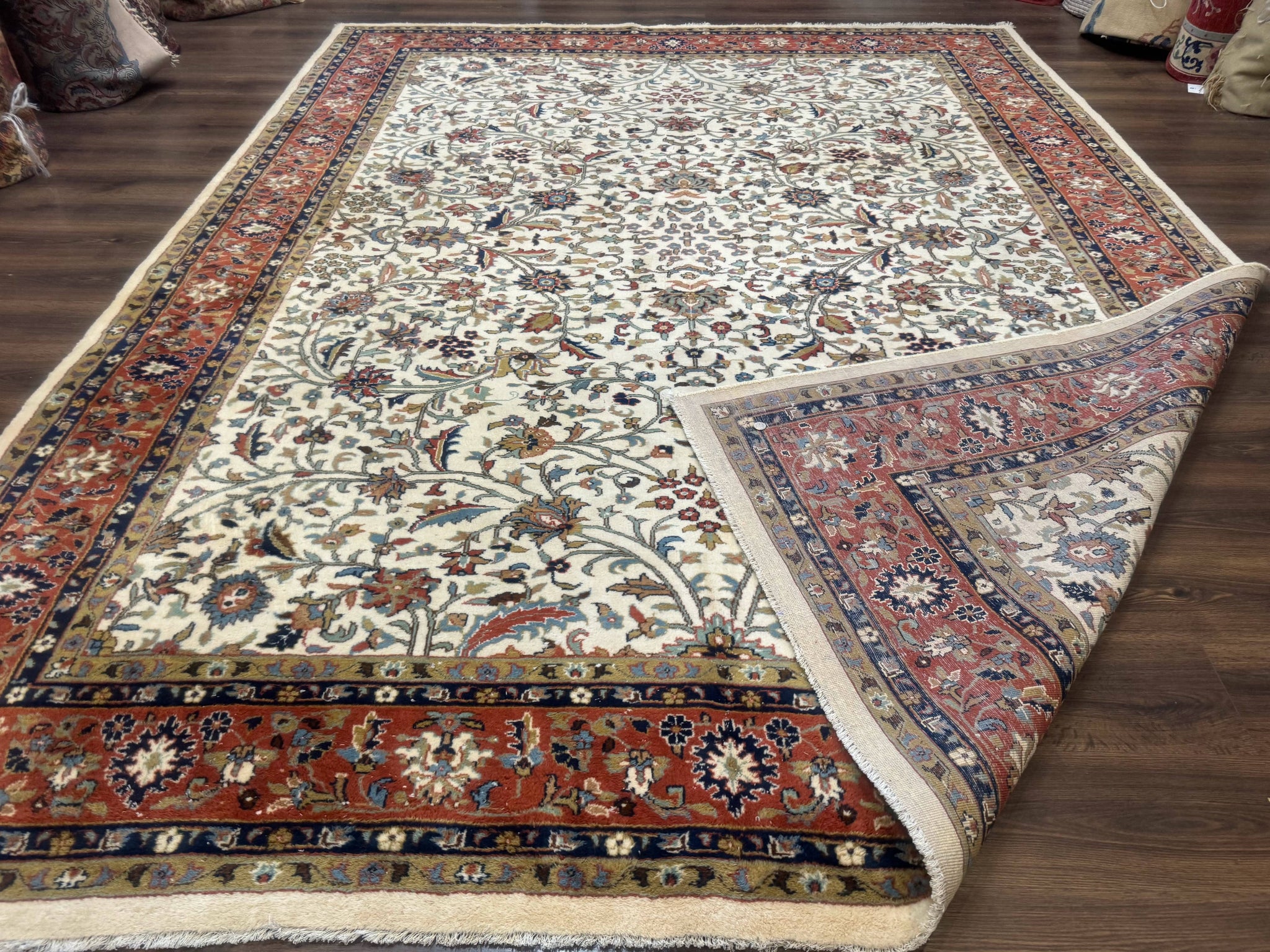 Indo Persian Rug 9x12, Ivory and Red, Traditional Wool Oriental Carpet by Jewel Rugs