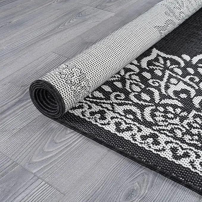 CAMILSON Outdoor Rug, 5x7 Medallion Black White Modern Area Rugs for Indoor and Outdoor Patios, Kitchen and Hallway Mats, Washable Porch Deck Outside Carpet (Medallion Black, 5 x 7) by GreenHaven Gardens