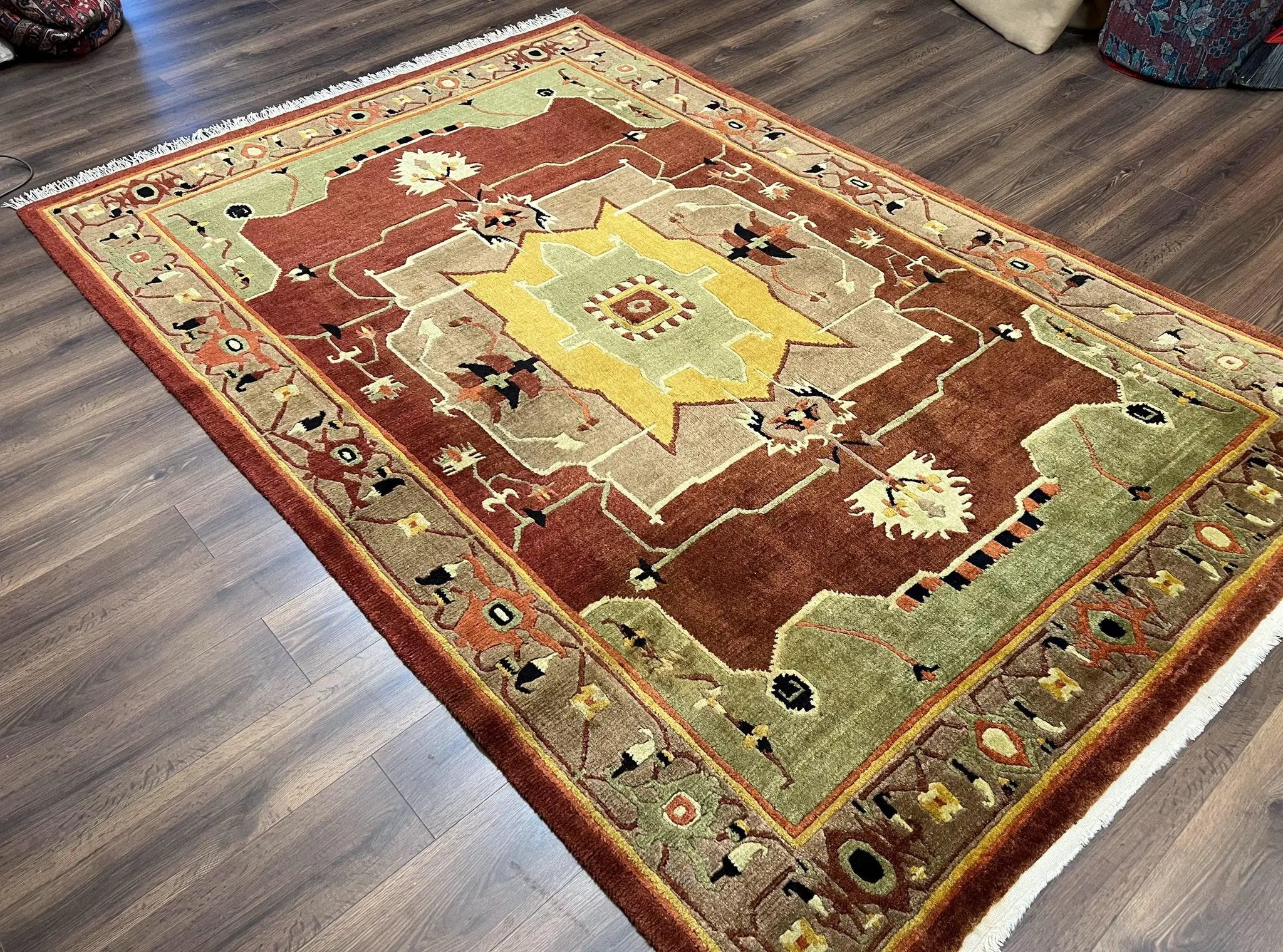 Tibetan Rug 7x10, Geometric Medallion, Red Green Taupe, Hand Knotted, Soft Wool Area Rug, Contemporary Carpet, Handmade Nepali Rug 7 x 10 ft by Jewel Rugs