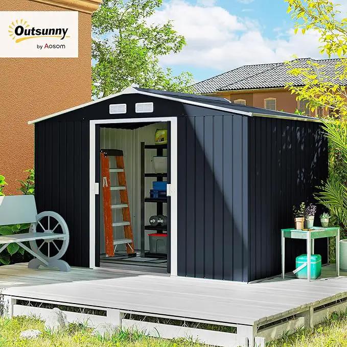 Outsunny 9' x 6' Outdoor Storage Shed, Garden Tool Metal Shed with Foundation Kit, Double Lockable Door, Air Vents and Sloping Roof, for Backyard, Patio, Lawn, Dark Gray by GreenHaven Gardens