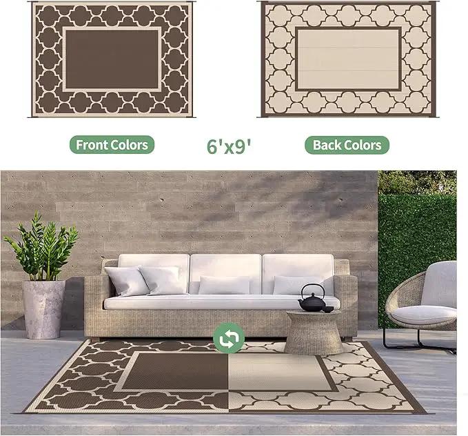 GENIMO 6' x 9' Outdoor Rug Waterproof for Patio Decor, Foldable Reversible Plastic Straw Area Rugs Mat for Camper, Outside Carpet for Rv, Deck, Porch, Picnic, Beach, Balcony, Coffee & Beige by GreenHaven Gardens