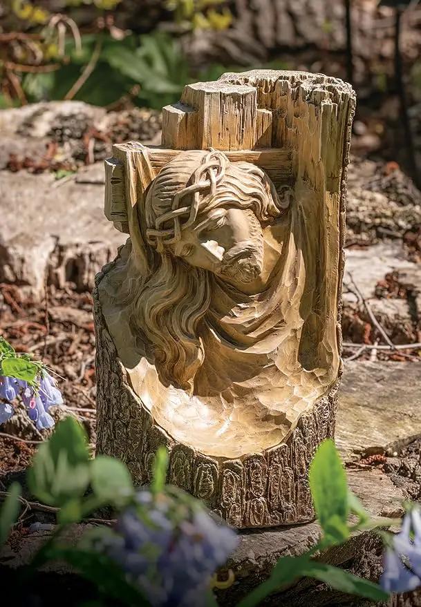 Joseph's Studio by Roman, 12" H Carved Cross with Jsesus Garden Statue, Religious Outdoor Decor by GreenHaven Gardens