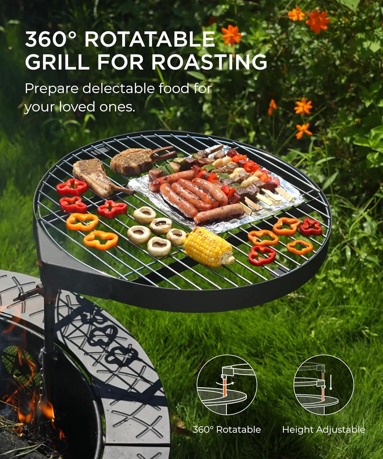 35 Inch Fire Pit with BBQ Grill, Wood Burning Fire Pits for Outside with Lid & Fire Poker, 3 in 1 Round Metal Fire Pit Table with Cooking Grate, Outdoor Firepit for Backyard, Patio, Bonfire, Picnic by GreenHaven Gardens