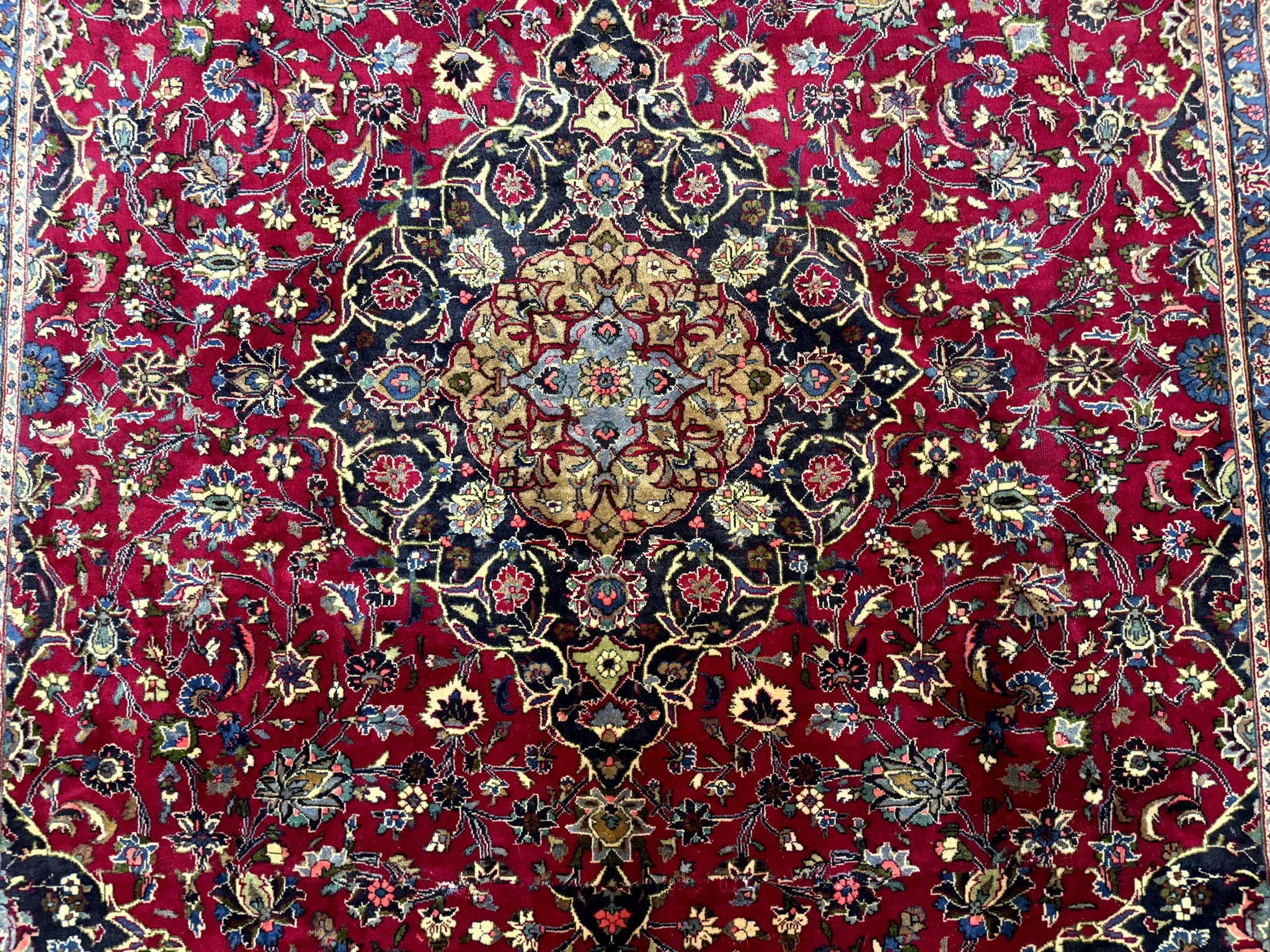 Traditional Persian Rug 8x11, Red Navy Blue, Floral Medallion, Antique Persian Mashad Carpet, Wool by Jewel Rugs