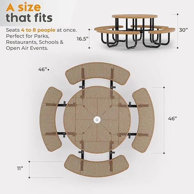 Metal Picnic Tables for Outdoors with Umbrella Hole - Coated Steel Heavy Duty Commercial Grade Table with Adjustable Seats (Brown, 46 in, Round, Expanded Steel) by GreenHaven Gardens