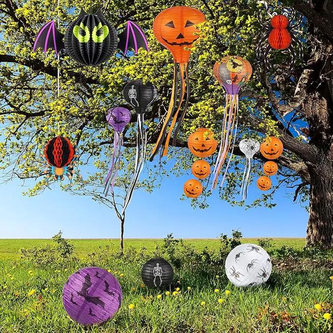 48 Pieces Halloween Decorations Paper Lanterns Pumpkin Skeleton Paper Lanterns 3D Bat Wall Stickers Spider Wall Hanging for Halloween Party Garden Bedroom Cobwebs Indoor Outdoor, 12 Inch and 8 Inch by GreenHaven Gardens