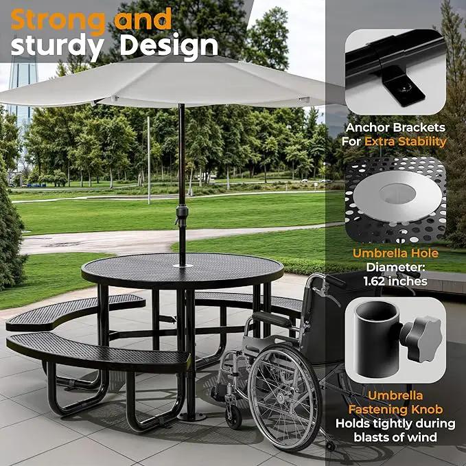 Metal Picnic Tables for Outdoors with Umbrella Hole - Coated Steel Heavy Duty Commercial Grade Table with Adjustable Seats (Black, 46 in, Round, Punched Steel) by GreenHaven Gardens