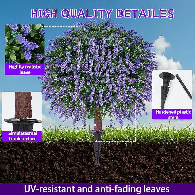Artificial Lavender Topiany Ball Trees Set of 2,17” Resistant Fake Evergreen Shrubs with Ground SpilRealistic Outdoor Indoor Plants for Garden Porch Maintenance-Free Potted by GreenHaven Gardens