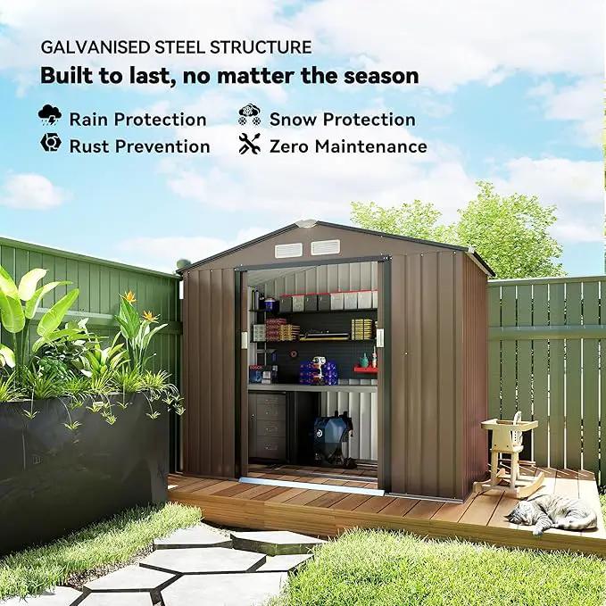 Outsunny 7' x 4' Outdoor Storage Shed, Garden Tool Metal Shed with Foundation Kit, Double Lockable Door, Air Vents and Sloping Roof, for Backyard, Patio, Lawn, Brown by GreenHaven Gardens