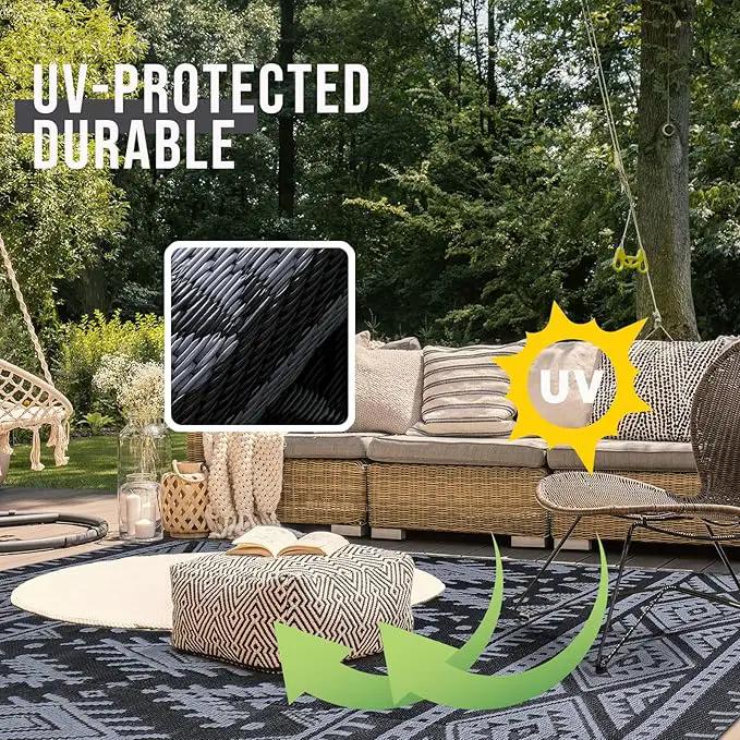 OLANLY Outdoor Rug Waterproof 5x8 ft, Reversible Outdoor Plastic Straw Rug, Boho Patio Rug, Indoor Outdoor Carpet, RV Mat Outside for Patio, Camp, Picnic, Balcony, Deck, Backyard, Black & Grey by GreenHaven Gardens