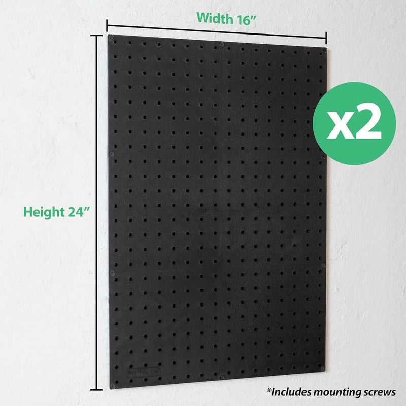 WallPeg 2 Black Pegboard Panels (24"x16" Each) with 6 Medium 5" Bins, 6 Large 7" Bins & 36 Flex-Lock Peg Hooks – Heavy-Duty Wall Storage Organizer – Made in USA by GreenHaven Gardens