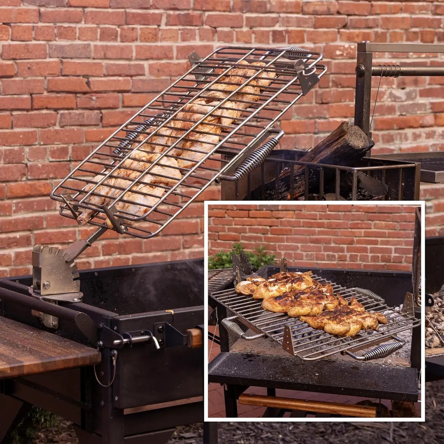 Backyard Discovery Argentine Santa Maria XL Wood Fire & Charcoal Steel BBQ Grill with Asado Clamp, Adjustable Grill Grates, Brasero, Fire Bricks, S-Hooks, Acacia Wood Table for Outdoor Gaucho Grilling by GreenHaven Gardens