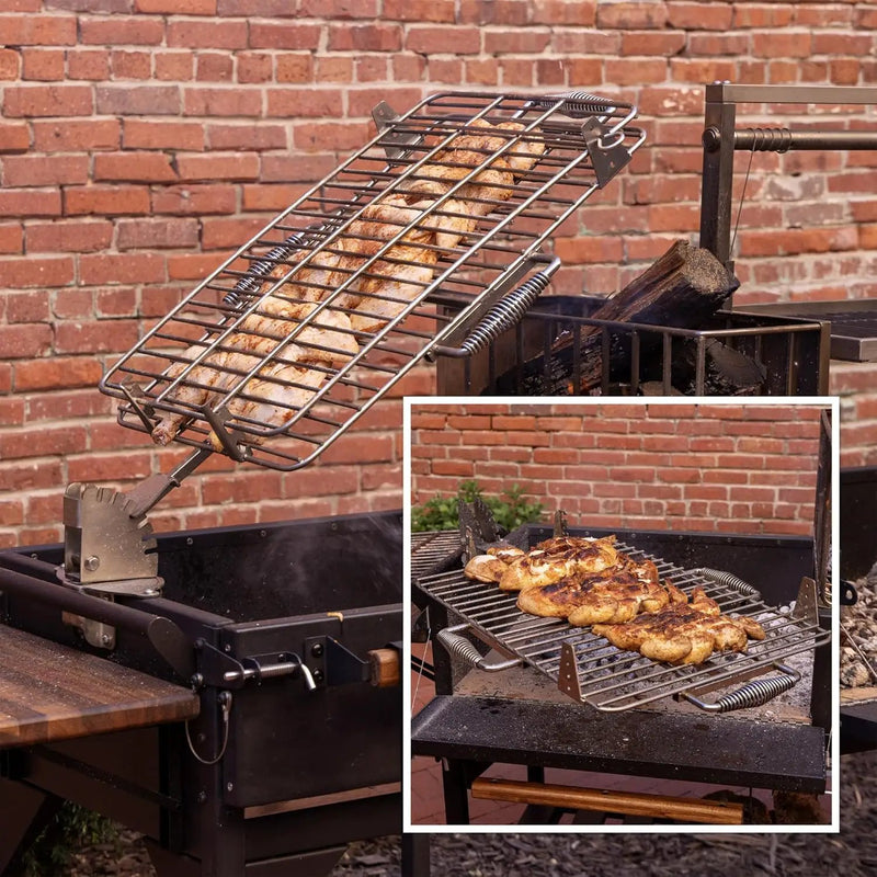 Backyard Discovery Argentine Santa Maria XL Wood Fire & Charcoal Steel BBQ Grill with Asado Clamp, Adjustable Grill Grates, Brasero, Fire Bricks, S-Hooks, Acacia Wood Table for Outdoor Gaucho Grilling by GreenHaven Gardens