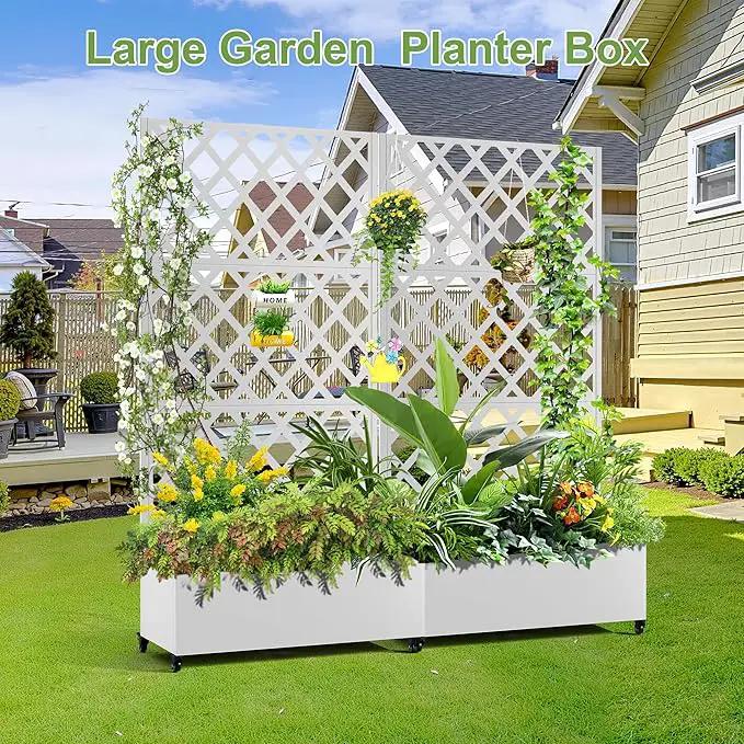 Metal Planter Trellis Box with Wheels & Drain Plug Outdoor Raised Garden Bed Patio Privacy Screen with Planter for Climbing Plants, Vegetables 73"x35"x16" White-Diamond by GreenHaven Gardens