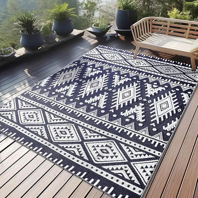 OLANLY Outdoor Rug Waterproof 4x6 ft, Reversible Outdoor Plastic Straw Rug, Boho Patio Rug, Indoor Outdoor Carpet, RV Mat Outside for Patio, Camp, Picnic, Balcony, Deck, Backyard, Navy & White by GreenHaven Gardens