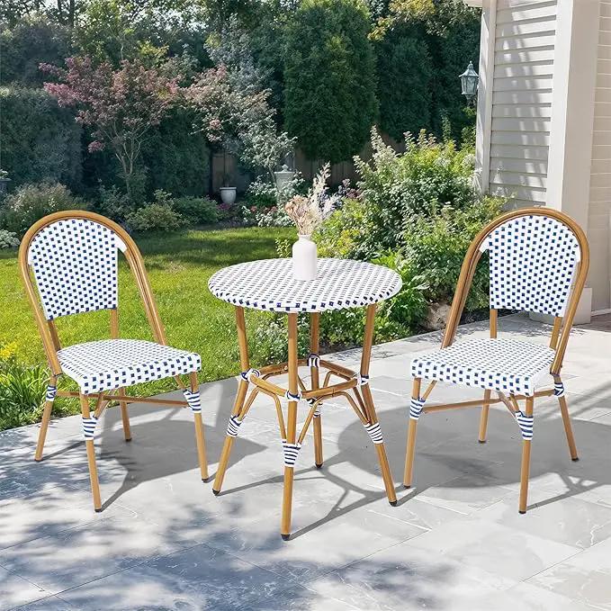 3 Piece French Wicker Bistro Set, Patio Bistro Set with Table and 2 Dining Chairs, All Weather ‎Outdoor ‎Bistro Set with Aluminum Frame, Outdoor Patio Set for Patio Porch Cafes Yard, Navy and White by GreenHaven Gardens