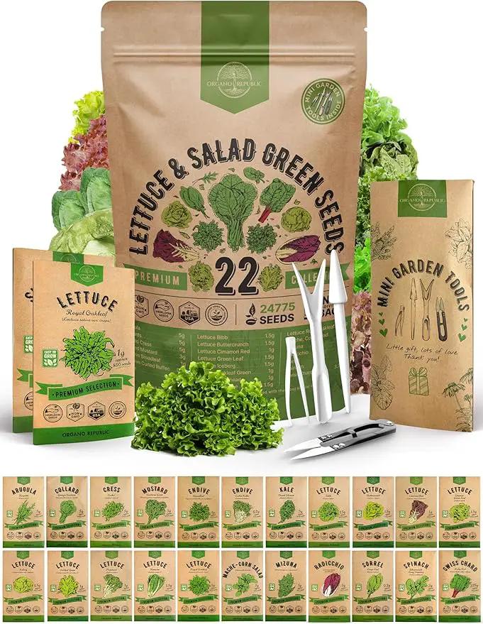 Organo Republic 22 Lettuce & Salad Greens Seeds Variety Pack 24,700+ Non-GMO Heirloom Lettuce Seeds for Indoor & Outdoor Garden, Hydroponics, Aerogarden - Arugula, Kale, Spinach, Swiss Chard, Lettuce by GreenHaven Gardens