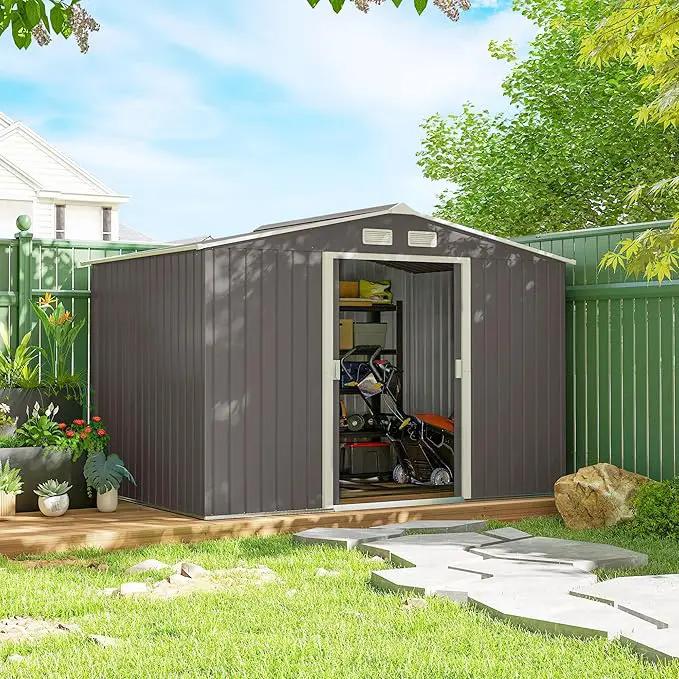 Outsunny 9' x 6' Outdoor Storage Shed, Garden Tool Metal Shed with Foundation Kit, Double Lockable Door, Air Vents and Sloping Roof, for Backyard, Patio, Lawn, Gray by GreenHaven Gardens