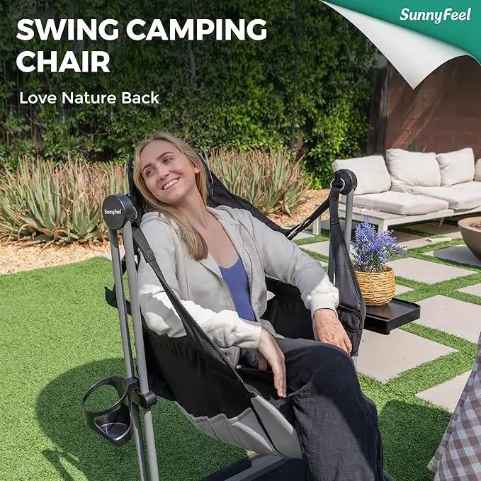 SUNNYFEEL Hammock Camping Chair, Oversized Swinging Camping Chair, Portable Hammock Chairs with Cup Holder, Beach Mat, MAX 300lbs Heavy Duty for Outdoor Travel Lawn Backyard Beach (Black) by GreenHaven Gardens