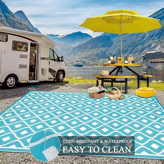 Pauwer Waterproof Outdoor Rug 8x10, Reversible Plastic Straw Patio Camping Rug, Indoor Outdoor RV Mat Carpet for Deck, Camper, Porch, Balcony, Backyard, Picnic, Geometric Teal by GreenHaven Gardens