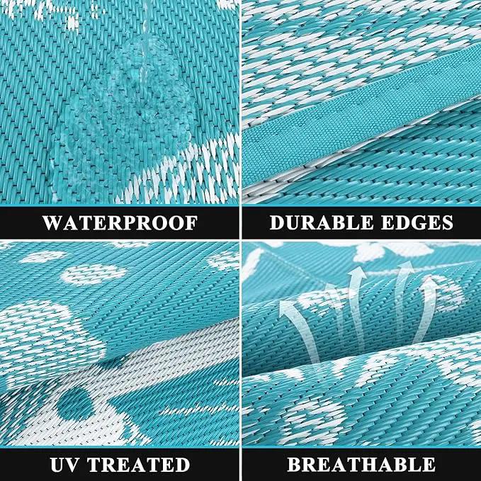 Pauwer Waterproof Outdoor Rug 5x8, Reversible Plastic Straw Patio Camping Rug, Indoor Outdoor RV Mat Carpet for Deck, Camper, Porch, Balcony, Backyard, Picnic, Floral Teal by GreenHaven Gardens