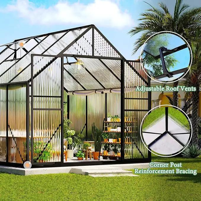 Amerlife 8x8x7 FT Ft Polycarbonate Greenhouse for Outdoors, Walk-in Design with Aluminum Frame, 2 Windows and Swing Door, Heavy-Duty Greenhouse Construction for Garden, Black by GreenHaven Gardens