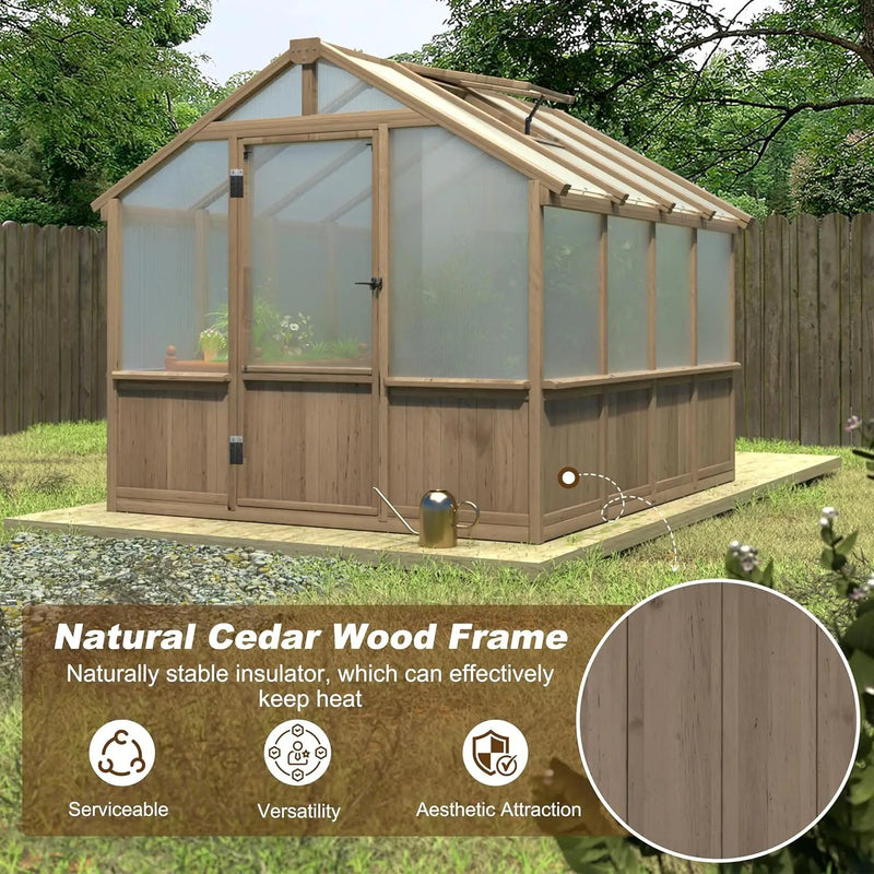 8x8 FT Greenhouse Kit for Outdoor, 6MM Thick Polycarbonate Panel Wooden Walk-in Green House with Lockable Door and Adjustable Roof Vent, Backyard Garden, Light Mocha Brown by GreenHaven Gardens