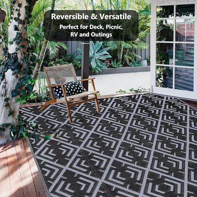 Outdoor Plastic Straw Rug, Waterproof Outdoor Rugs for Patios Clearance, Reversible Area Rug, Large Outside Carpet for Camping, Balcony, RV, Deck, Picnic, Beach (6x9ft Boho/Black&Grey) by GreenHaven Gardens