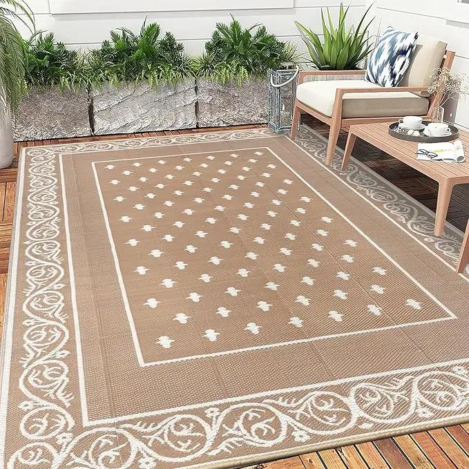 Pauwer Waterproof Outdoor Rug 6x9, Reversible Plastic Straw Patio Camping Rug, Indoor Outdoor RV Mat Carpet for Deck, Camper, Porch, Balcony, Backyard, Picnic, Bordered Beige by GreenHaven Gardens