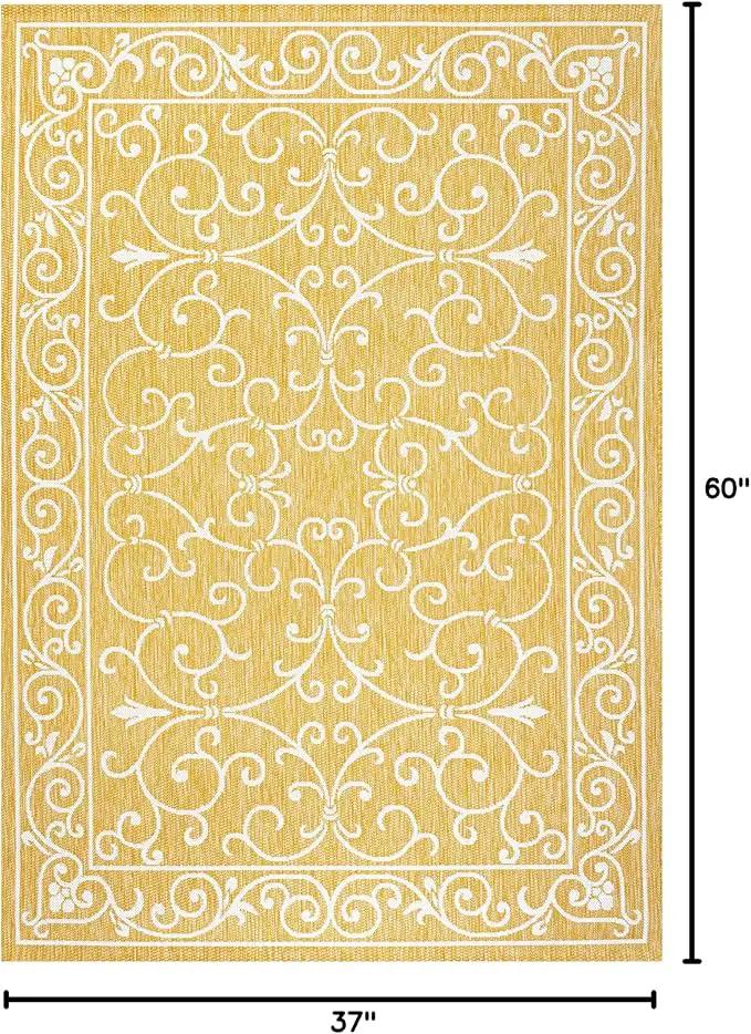 JONATHAN Y SMB106L-3 Charleston Vintage Filigree Textured Weave Indoor Outdoor Area Rug, Classic Traditional Easy-Cleaning,Bedroom,Kitchen,Backyard,Patio,Non Shedding, 3 X 5, Yellow/Cream by GreenHaven Gardens