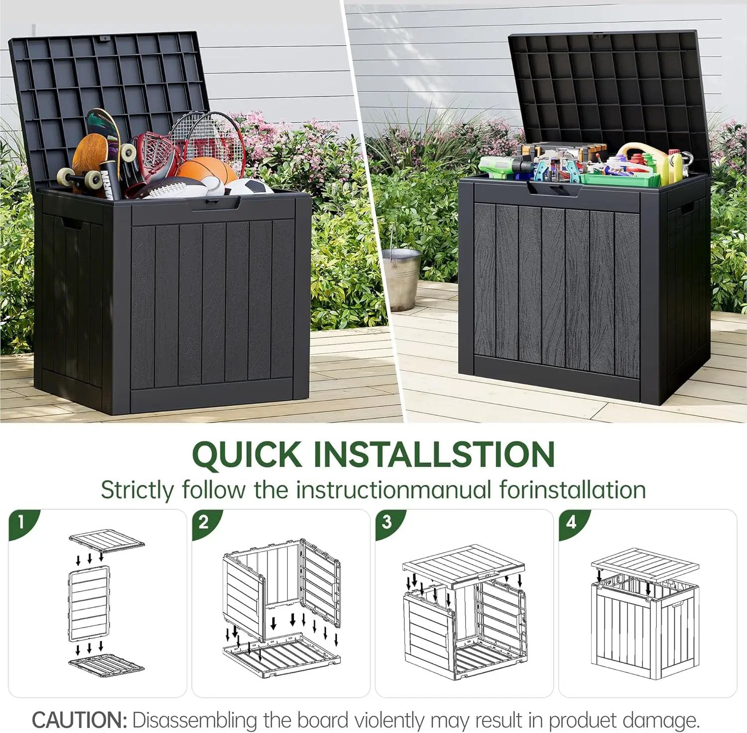 KAMABOKO Deck Box, 35 Gallon Resin Indoor and Outdoor Storage Boxes Waterproof for Garden Tools, Pool Accessories Storage Bench, Patio Furniture and Cushions with Lockable Lid, Black by GreenHaven Gardens