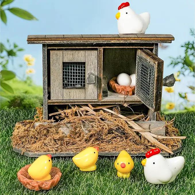 Hiawbon Miniature Retro Wooden Chicken Coop Mini Family Chicken,Hen,Chick,Egg,Chicken Nest Ornament Micro Landscape Fairy Garden Decor by GreenHaven Gardens