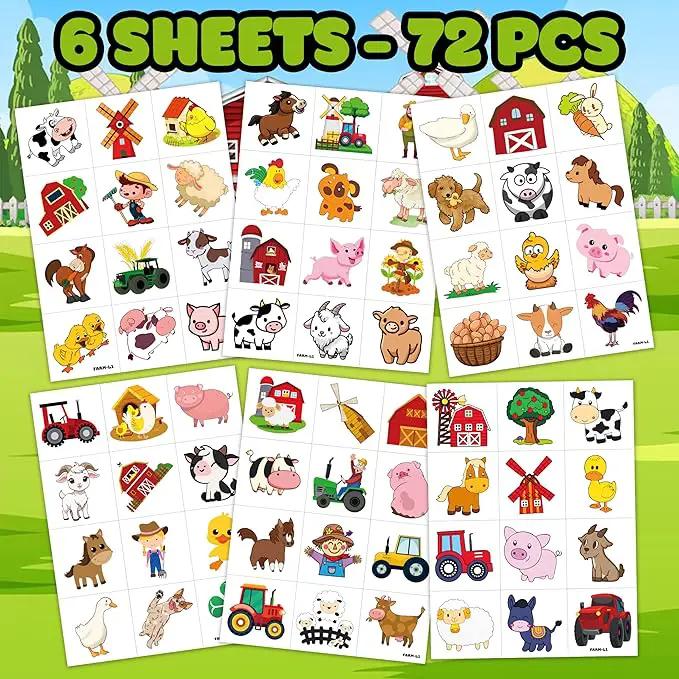 72 PCS Farm Barnyard Animal Pre-Cut Temporary Tattoos Sticker Birthday Decorations Party Supplies Favors Gift Boy Girl Farmhouse Cow Chicken Tattoo School Reward Themed (Normal) by GreenHaven Gardens