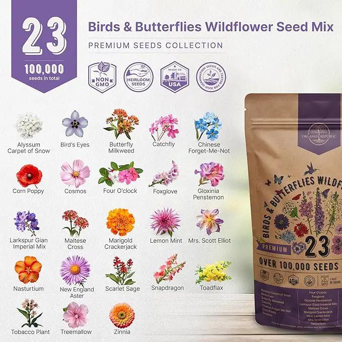 Organo Republic 23 Wildflower Seeds Annual & Perennial Mix for Indoor & Outdoors, Attract Birds & Butterflies 100,000+ Non-GMO, Heirloom Garden Seeds, 4oz Packet for Growing Wild Flowers by GreenHaven Gardens