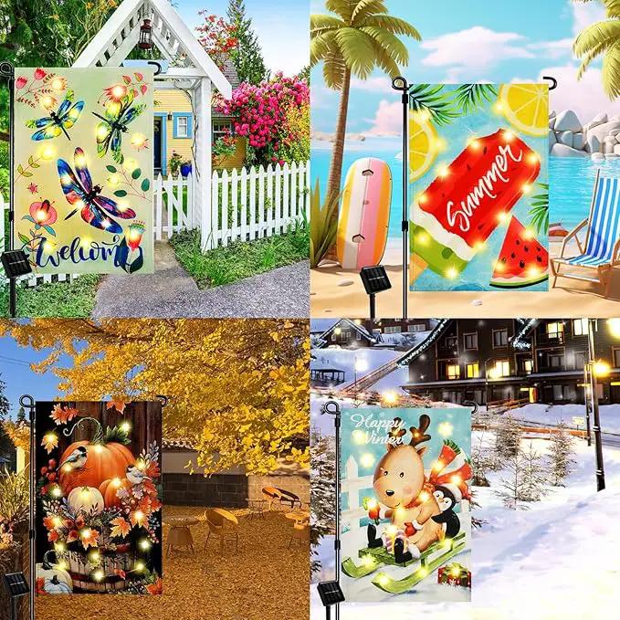 Solar Seasonal Garden Flags Set of 12, Lighted 12×18 Double-Sided Yard Flags for Outside Halloween Christmas Fall Thanksgiving Day Decorations Welcome Flag Outdoor Holiday Decor by GreenHaven Gardens