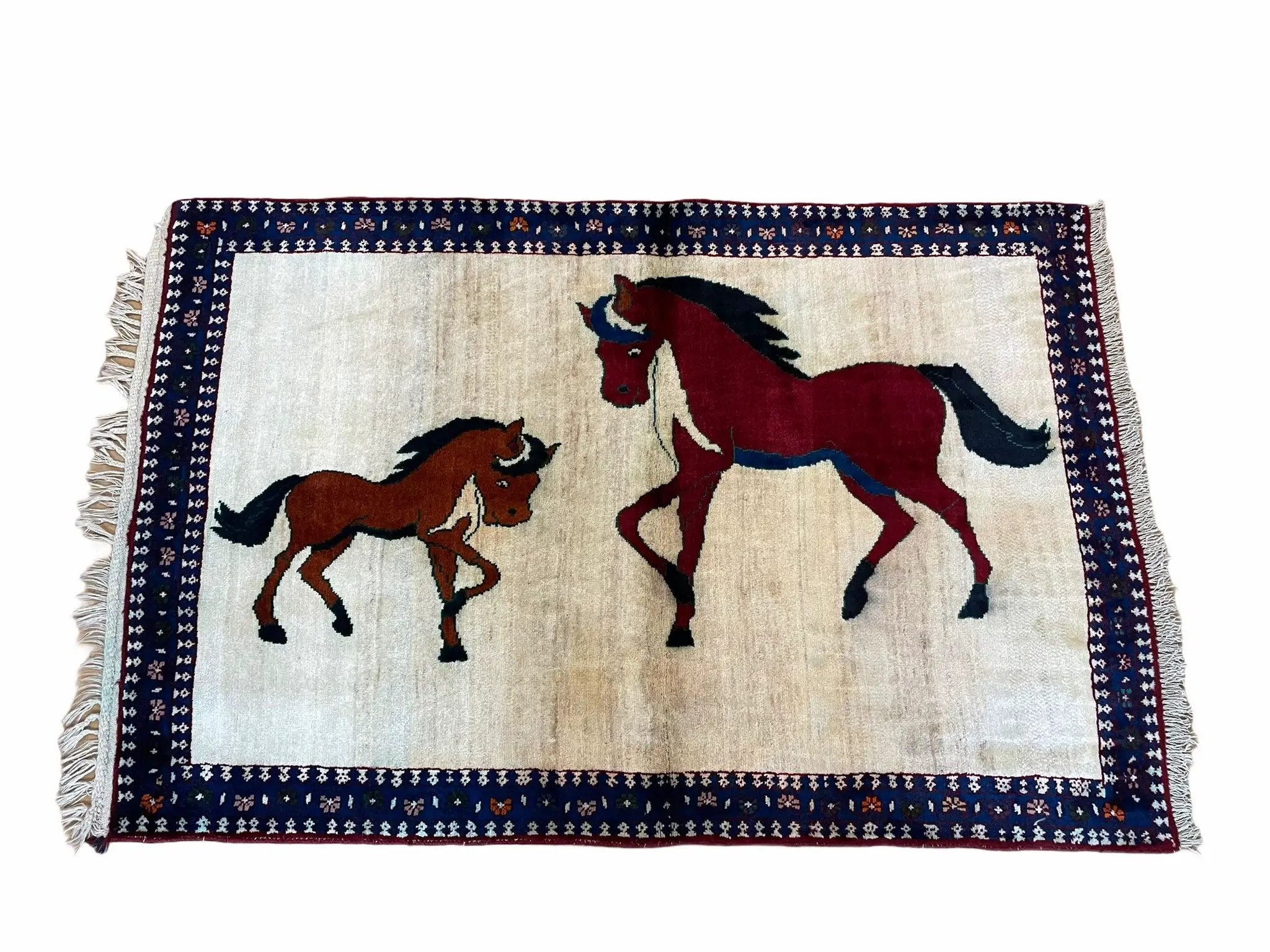 3.5 X 5 Handmade Hand-Knotted Quality Wool Pictorial Brown Horses Animal Rug by Jewel Rugs