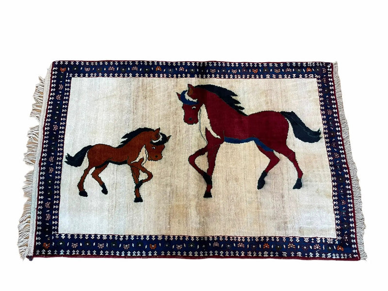 3.5 X 5 Handmade Hand-Knotted Quality Wool Pictorial Brown Horses Animal Rug by Jewel Rugs