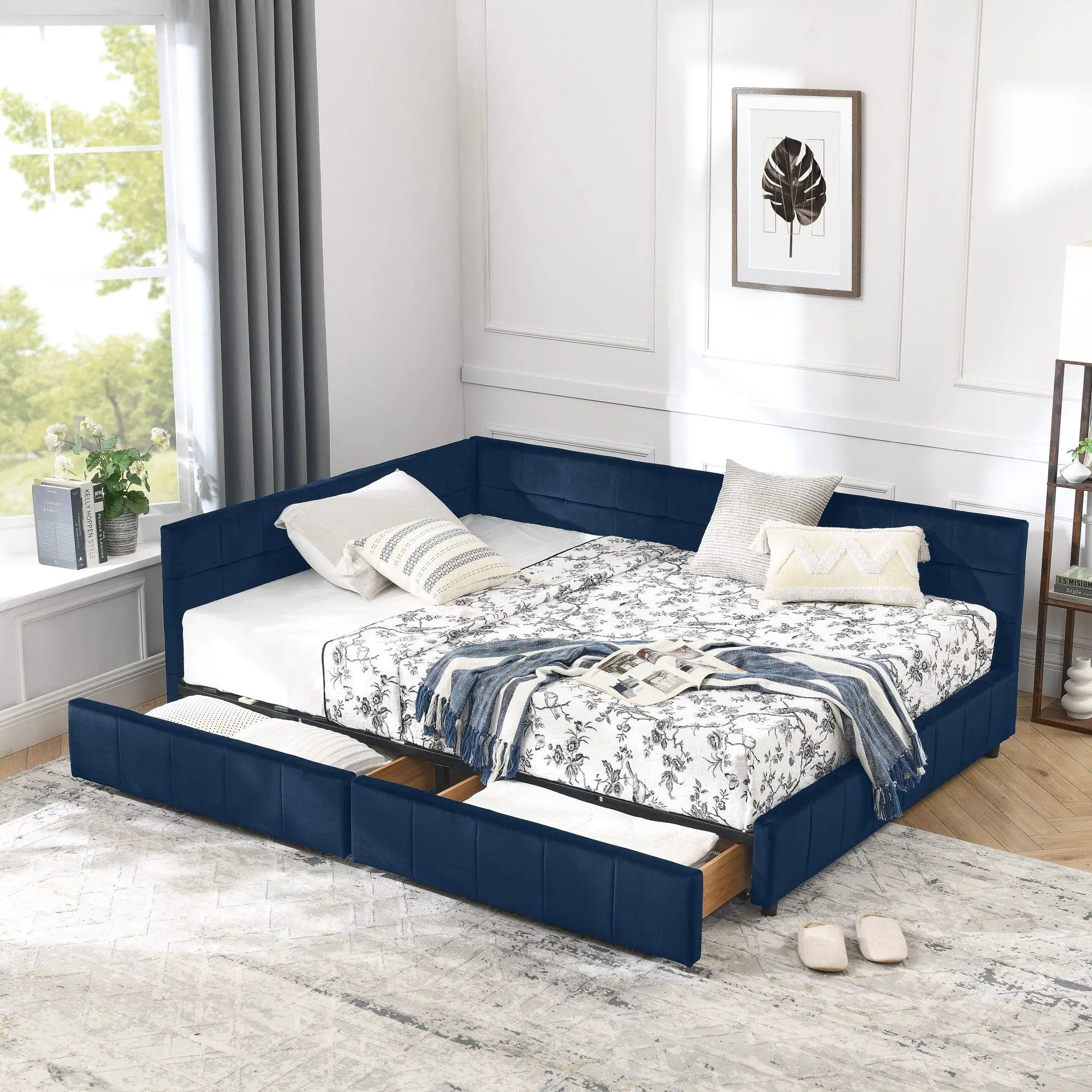Mid-Century Storage Upholstered Tufted Bed Frame With Backrest And Armrests by HouseOfZazla