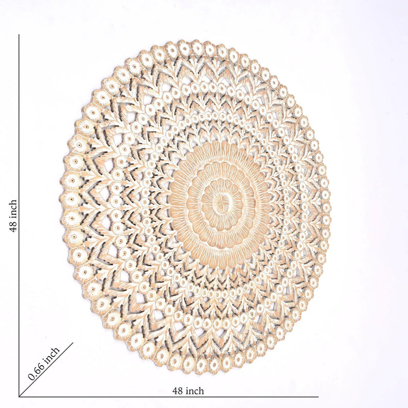 Floral Hand Carved Mandala Round Wall Decor - Brown / Antique White by Unique Piece Furniture