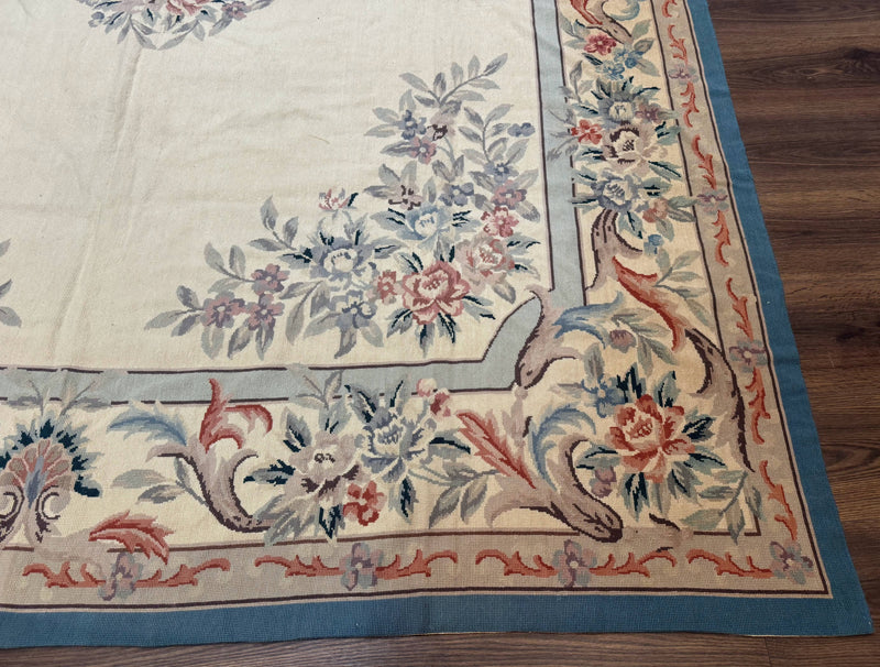 Ivory Needlepoint Rug 8x10, Wool Handmade Carpet by Jewel Rugs