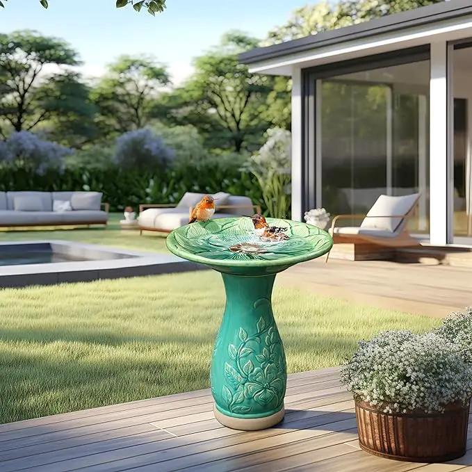 LuxenHome 23 Inch Ceramic Bird Bath for Outside, Elegant Tall Outdoor Bird Bath, Lightweight Pedestal Glazed Birdbaths for Outdoors with Floral Embossed Design, Jade Green by GreenHaven Gardens