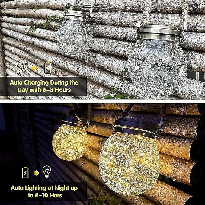 Solar Lantern Crackle Glass Ball, 4 Pack Garden Hanging Solar Lights Outdoor Waterproof Lanterns with 30 Warm White LED for Outdoor Decor Patio Yard Lawn Pathway by GreenHaven Gardens
