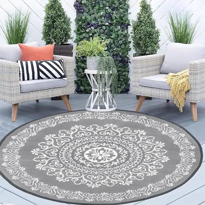 Pauwer Waterproof Outdoor Rug 6ft, Reversible Plastic Straw Patio Camping Rug, Indoor Outdoor RV Mat Carpet for Deck, Camper, Porch, Balcony, Backyard, Picnic, Floral Grey by GreenHaven Gardens