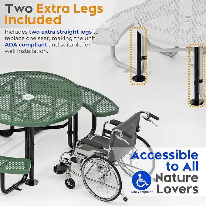 Metal Picnic Tables for Outdoors with Umbrella Hole - Coated Steel Heavy Duty Commercial Grade Table with Adjustable Seats (Green, 46 in, Round, Punched Steel) by GreenHaven Gardens