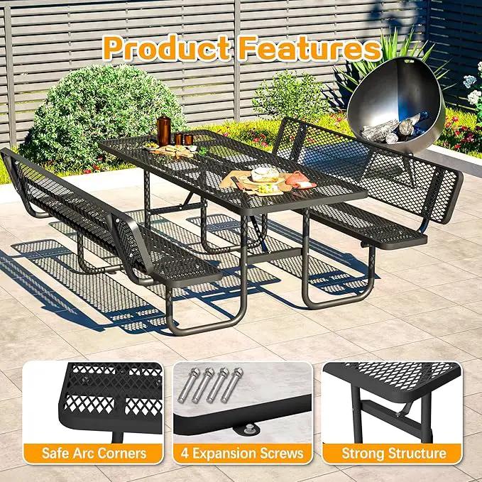 79'' Steel Rectangular Picnic Table for Outdoors, with backrest, Expanded, Lifetime Picnic Table with Umbrella Hole, Heavy Duty Sturdy Commercial Picnic Tables for Garden Courtyard BBQ, Black by GreenHaven Gardens