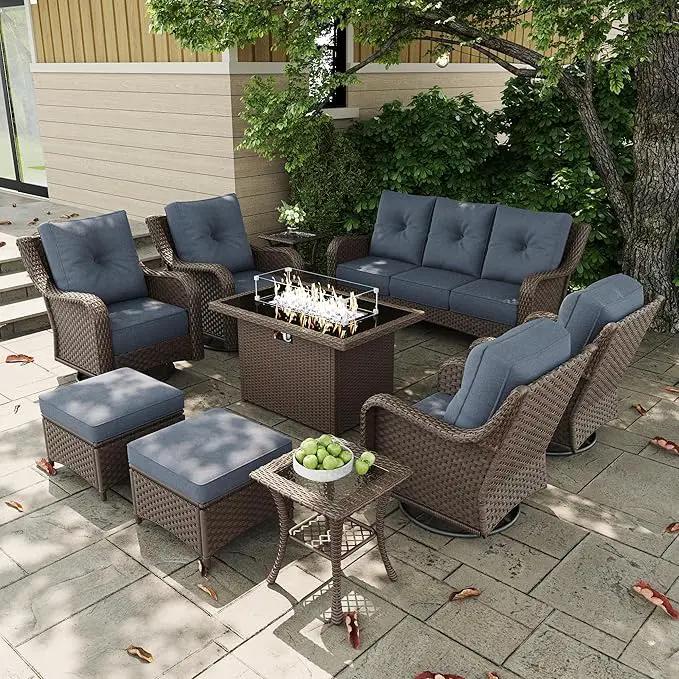 10 Pieces Outdoor Patio Furniture Sets with Rocking Swivel Chairs with 6-inch Thick Cushion and Fire Pit Table for Deck Lawn by GreenHaven Gardens
