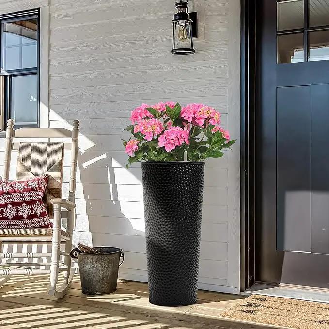 KOL 28" H. Tall Metal Cone Planters with Inside Pots 2-Pack, Black Hand-Hammered Large Decor Planter for Deck, Patio, Porch - Handcrafted Flower Pot - with Water Level Indicator - Indoor Outdoor Use by GreenHaven Gardens
