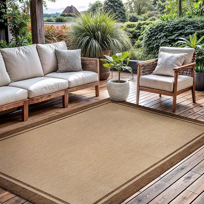 CAMILSON Outdoor Rug 9x12 Bordered Natural Brown Modern Area Rugs for Indoor and Outdoor Patios, Kitchen and Hallway Mats, Washable Porch Deck Outside Carpet (Border Jute, 9 x 12) by GreenHaven Gardens