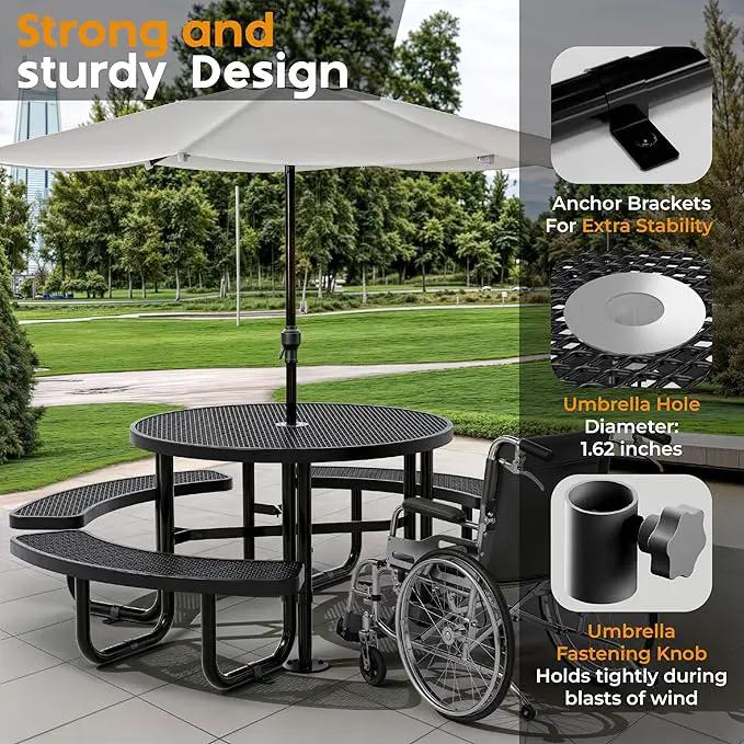 Metal Picnic Tables for Outdoors with Umbrella Hole - Coated Steel Heavy Duty Commercial Grade Table with Adjustable Seats (Black, 46 in, Round, Expanded Steel) by GreenHaven Gardens