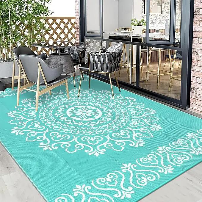 Pauwer Waterproof Outdoor Rug 8x10, Reversible Plastic Straw Patio Camping Rug, Indoor Outdoor RV Mat Carpet for Deck, Camper, Porch, Balcony, Backyard, Picnic, Floral Light Blue by GreenHaven Gardens